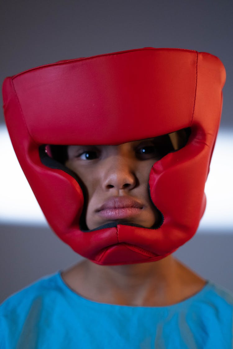 Boy Wearing A Protective Head Gear For Martial Arts 