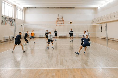 Free A team of adults playing volleyball indoors in a gym setting. Stock Photo