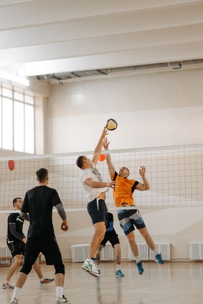 Players jumping for the ball