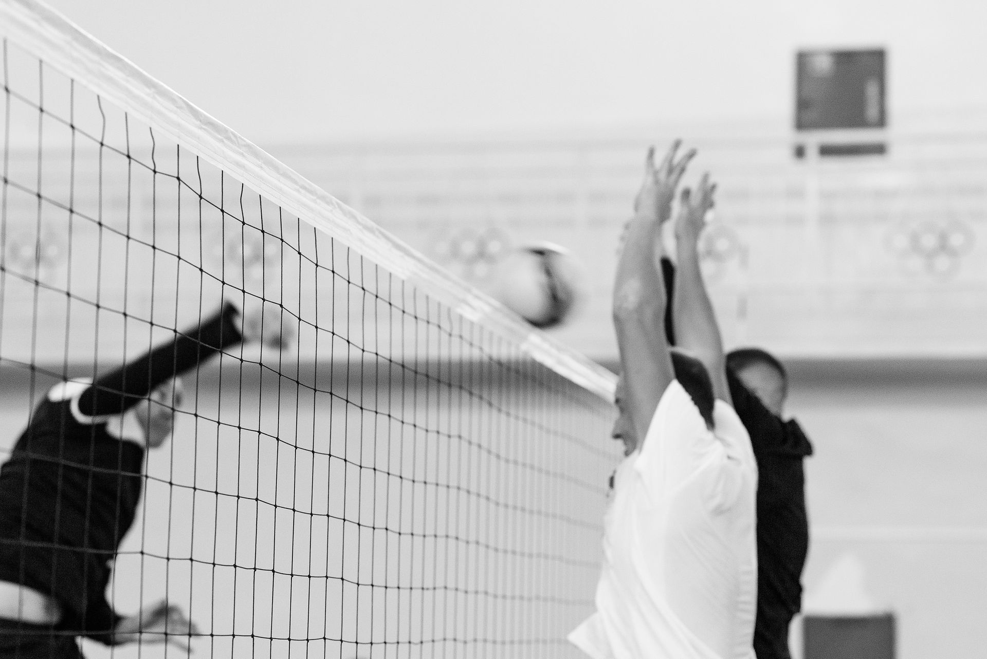Volleyball players blocking at the net