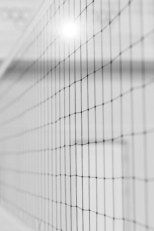 Grayscale Photo of a Volleyball Net