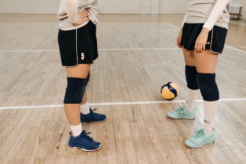 Free Two volleyball players standing on an indoor court with a ball between them. Stock Photo