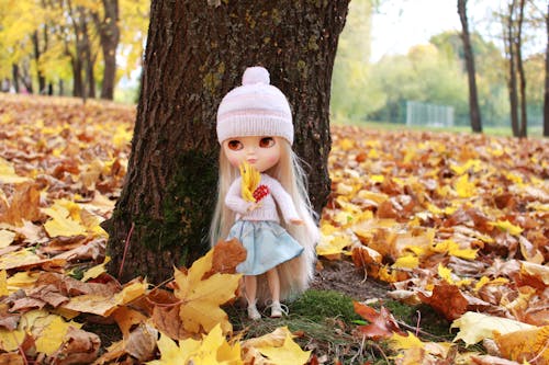 Close-Up Photo of a Doll Near Autumn Leaves