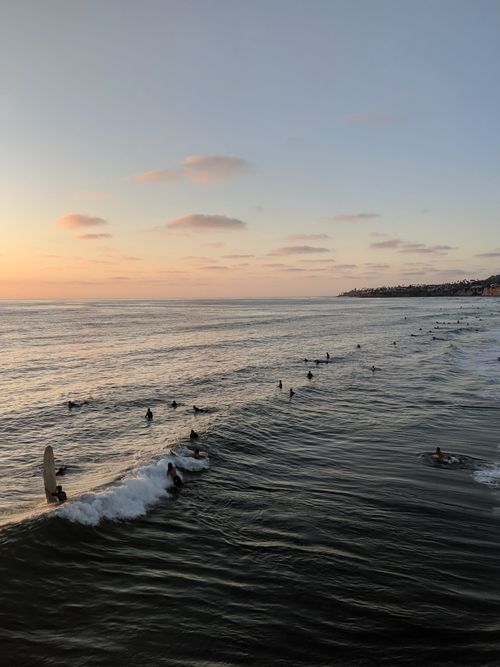 Free Drone view of silhouettes of surfers swimming on surfboards among waves on seashore against colorful sunset sky Stock Photo