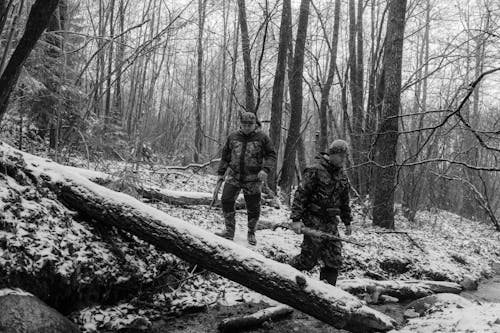 Two Men Walking in the Woods Holding Rifles