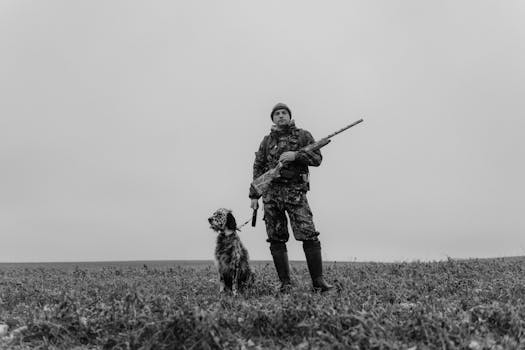 A hunter and his dog stand in a field in grayscale, creating a classic look.