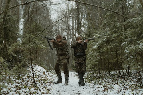 Hunters Aiming their Rifles while in the Forest