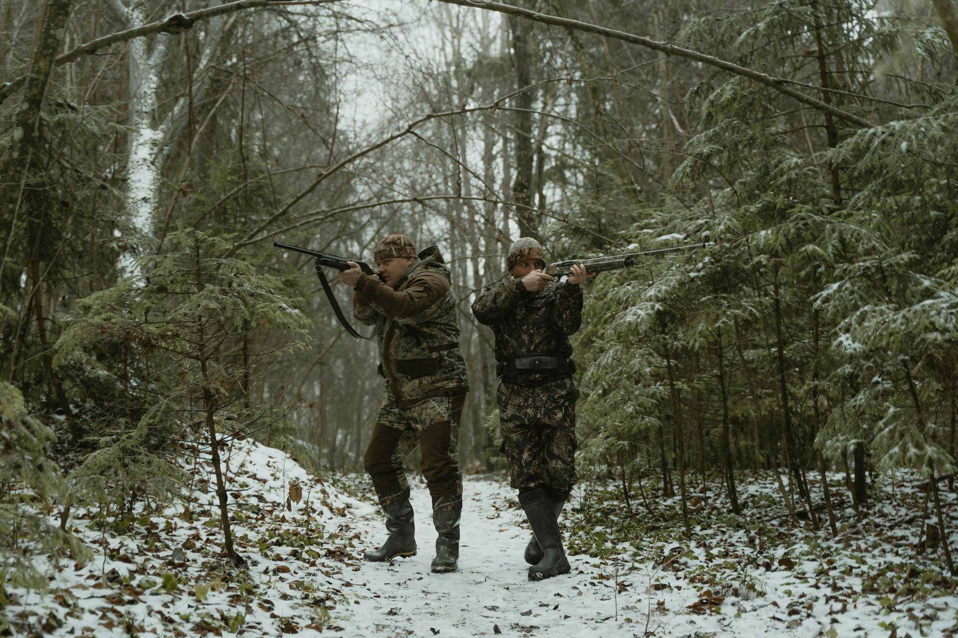 Hunters Aiming their Rifles while in the Forest