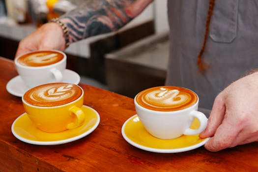 Tattooed barista serves latte art coffees on wooden counter in modern café.
