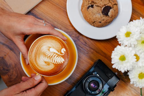 Free Crop woman with delicious latte near cookie and photo camera Stock Photo