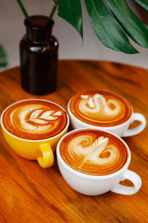 Free From above of mugs with creative latte art placed on wooden table near vase with green leaves in modern coffee house Stock Photo