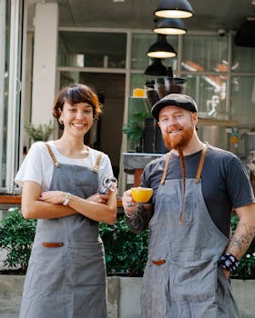 Two cheerful baristas in aprons enjoying a break outside a modern café.