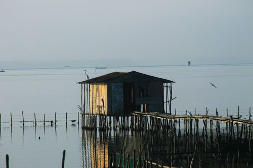 Free Stunning view of a rustic fishing hut on stilts over tranquil waters in Colombia, capturing serene coastal life. Stock Photo