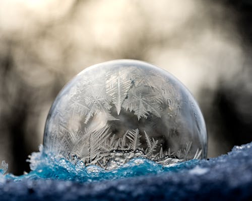 Free Shiny transparent soap bubble on cold ice Stock Photo