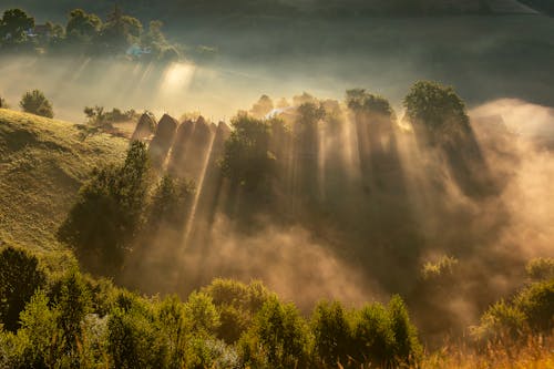 Green Mountains in Fog in Sunrays