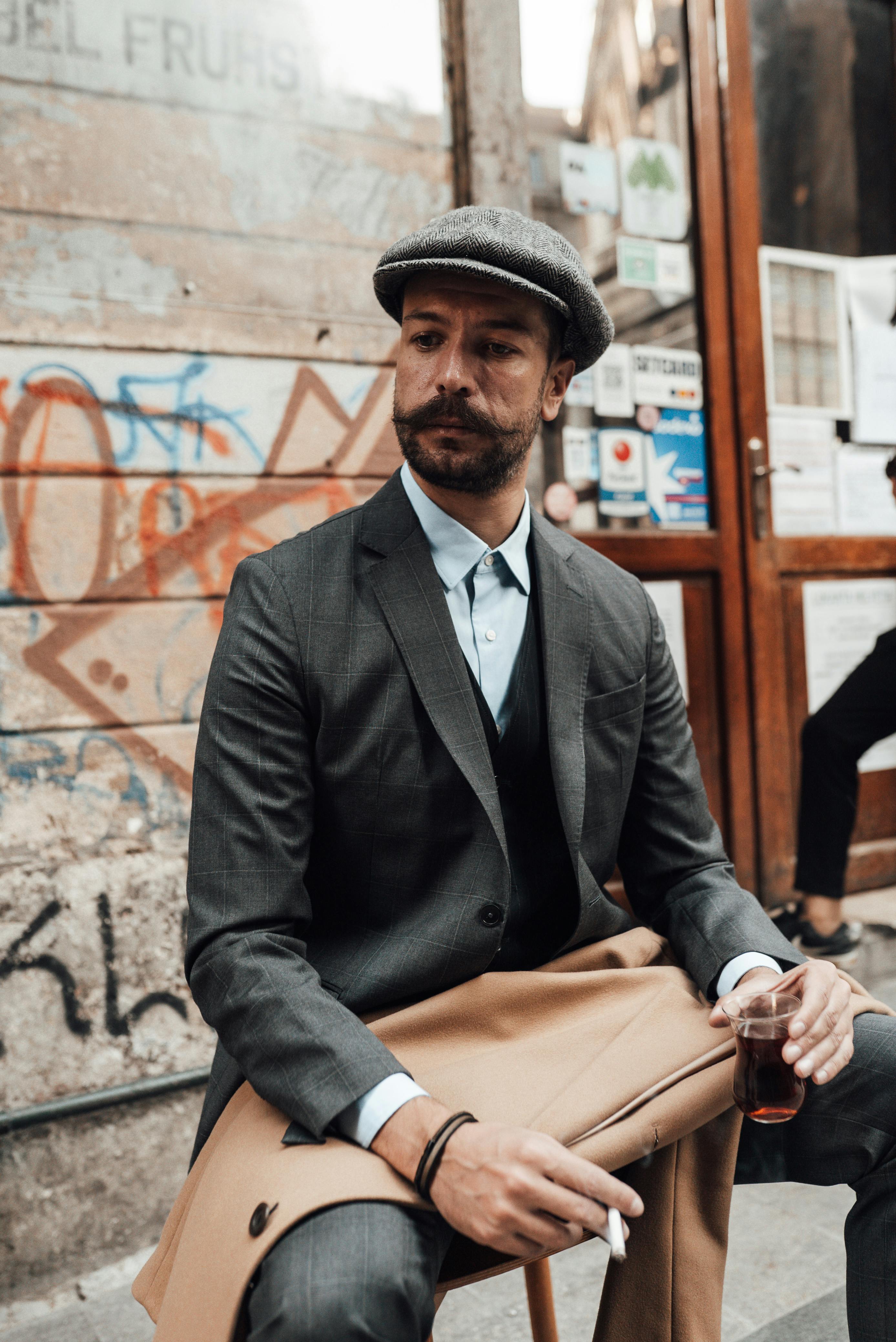 Thoughtful well dressed male wearing hat sitting on chair with cup of tea and cigarette while looking down near shabby building