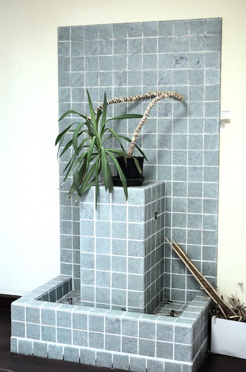 Interior of bright hallway with wall fountain decorated with ceramic gray tiles with green potted plant near white wall