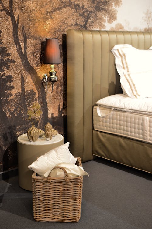 Free Bedroom interior with wicker basket in house Stock Photo