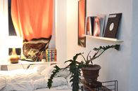 Exotic plant near bed and windowsill with luminous lamp