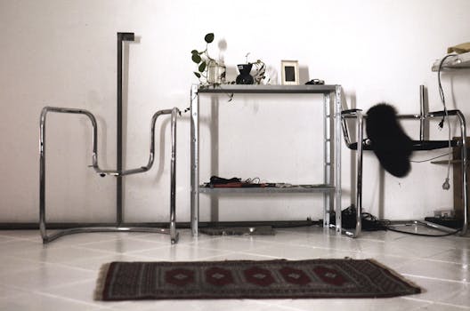 Sleek modern interior with minimalist metal furniture and decorative details.