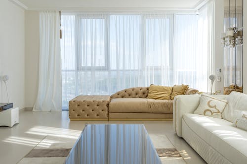 Light and modern interior of big living room