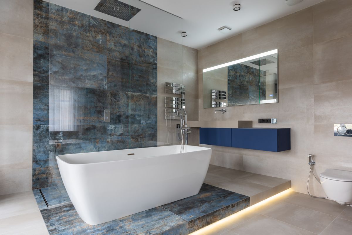 modern luxury bathroom with freestanding bathtub