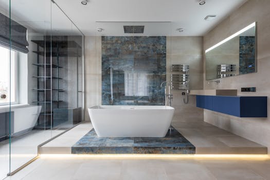 Elegant bathroom featuring a ceramic freestanding tub and contemporary design elements.