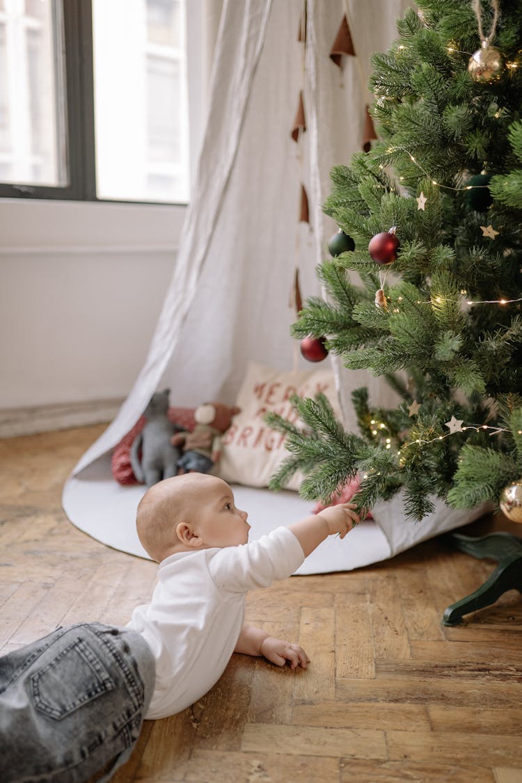 Baby Crawling On Wooden Floor