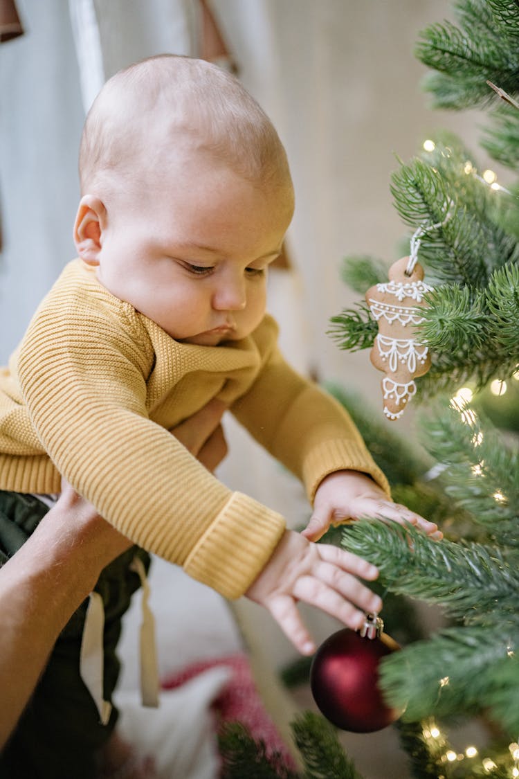 A Baby In Yellow Sweater Near A Christmas Tree