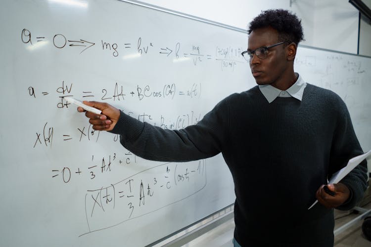 A Man In Dark Gray Sweater Writing On Whiteboard