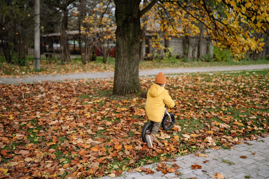 A child in a yellow jacket rides a balance bike through autumn leaves in a park.
