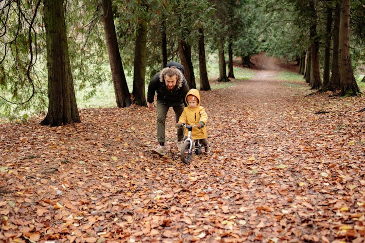 Father Teaching Child Riding Bike In Park