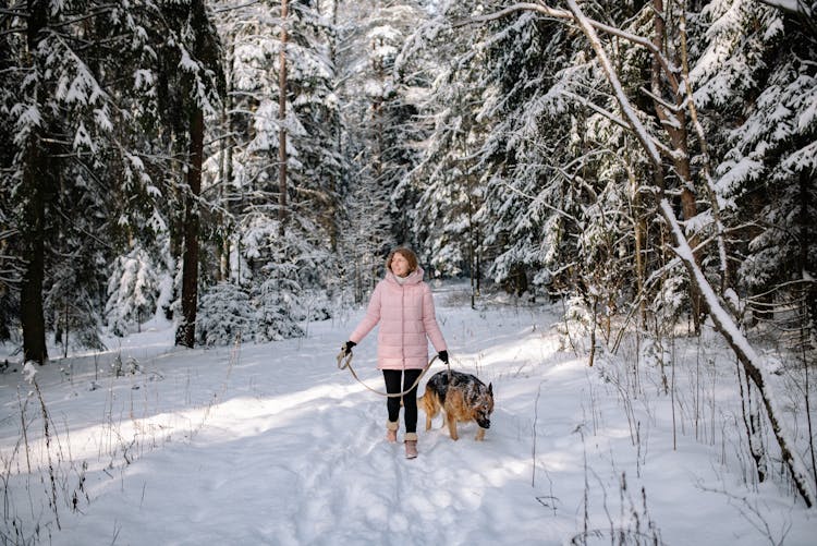 Woman In Pastel Pink Winter Jacket Walking With Dog In Forest Snow