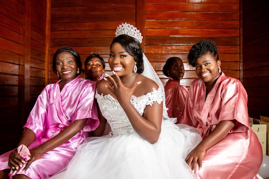 A happy bride with bridesmaids dressed in silk robes, capturing a joyful wedding moment.