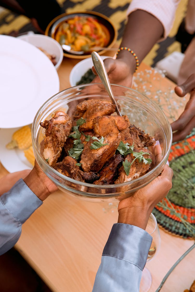 Roasted Meat With Herbs In Glass Bowl 