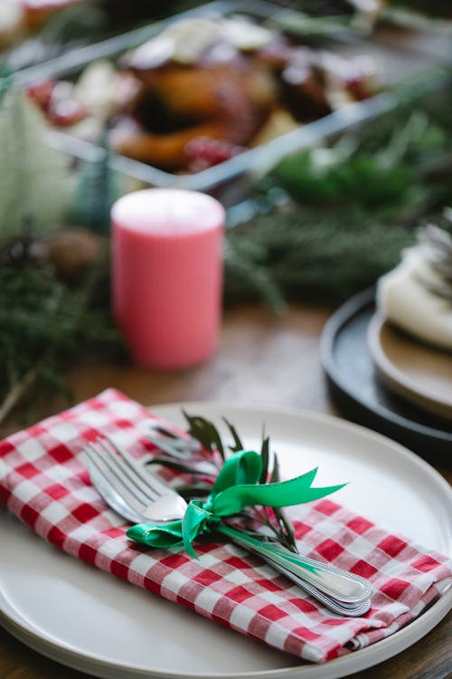 Table served for Christmas dinner with rustic checkered napkin and decorated with fir twigs