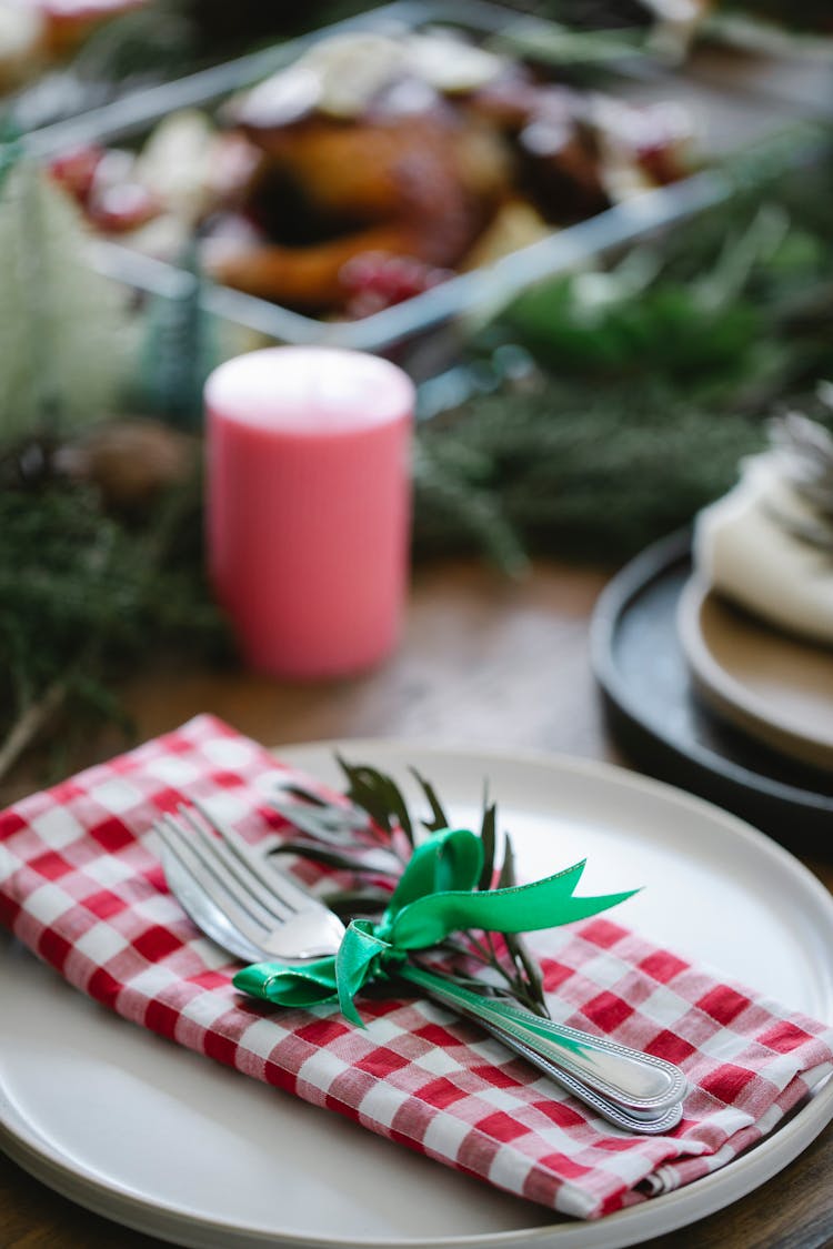 Served Table For Christmas Dinner With Candles