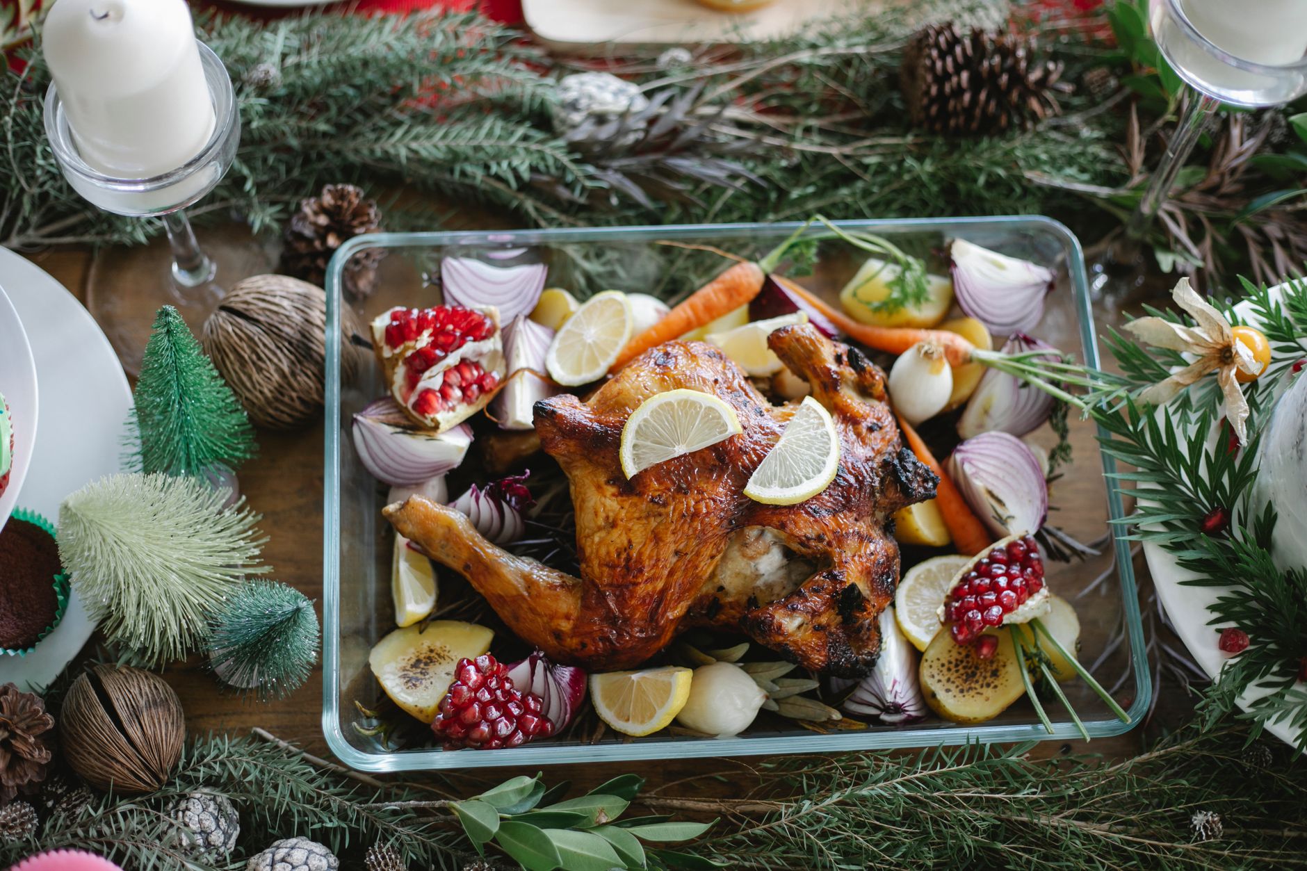 Christmas table with roasted vegetables as side dish
