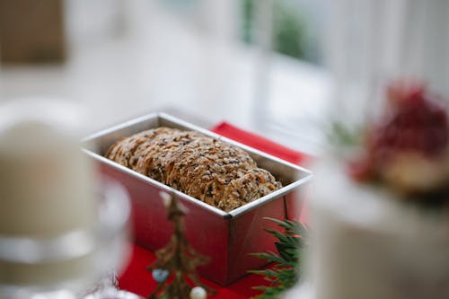 Sweet tasty Christmas cake in baking dish