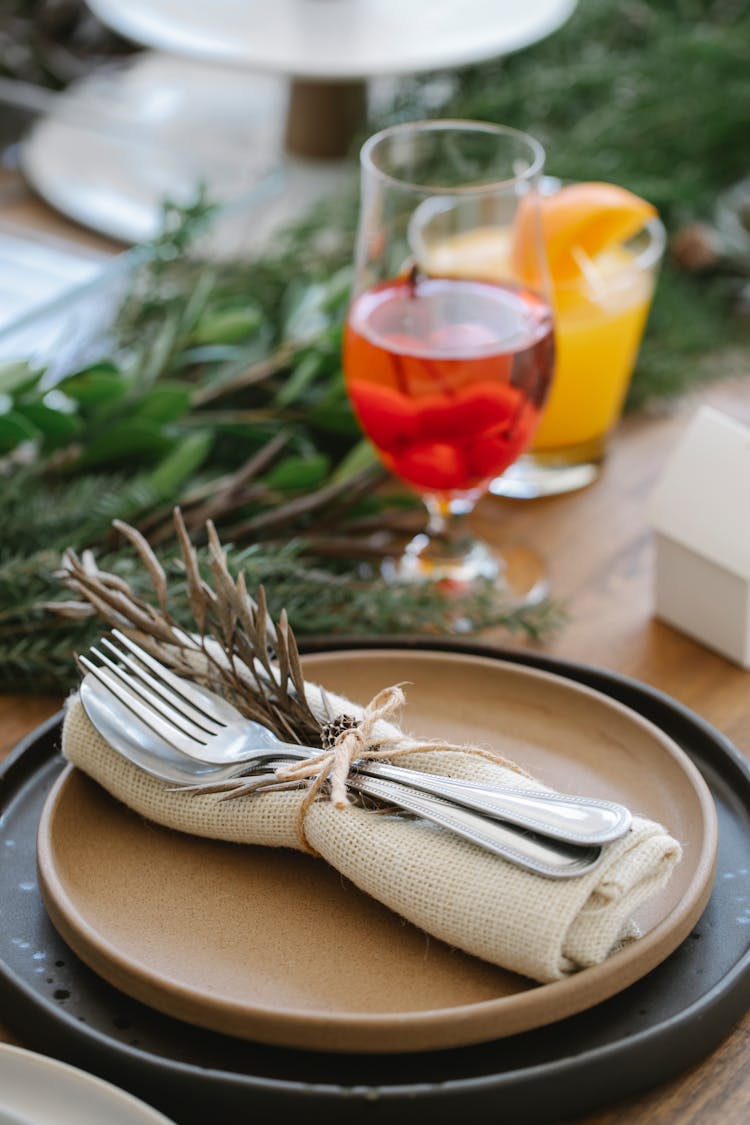 Rustic Table Served For Christmas Dinner