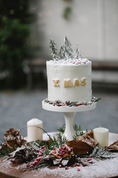 Delicious xmas dessert with chocolate glaze and berries