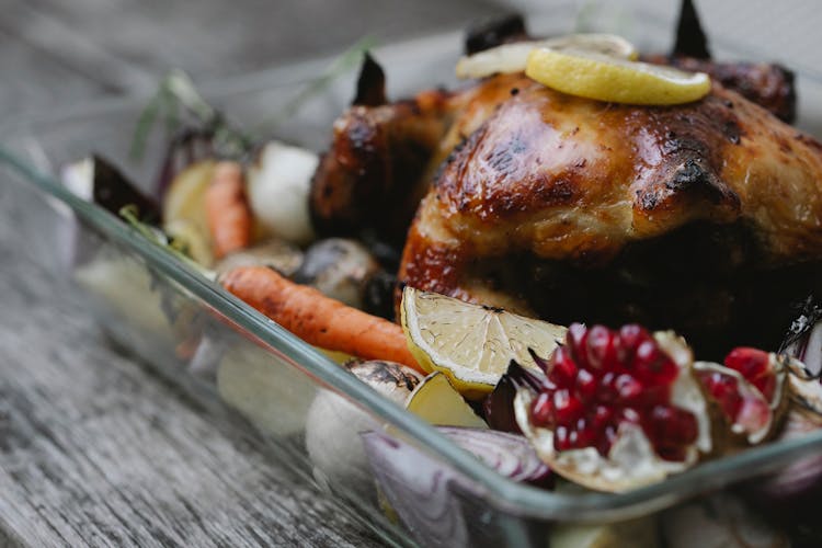 Appetizing Roasted Chicken With Vegetables In Baking Dish