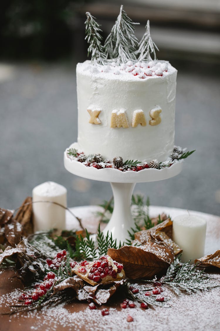 Tasty Christmas Cake With Decor On Stand