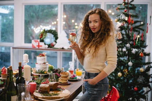 Woman celebrating Christmas with festive decorations, drinks, and desserts by a Christmas tree indoors.