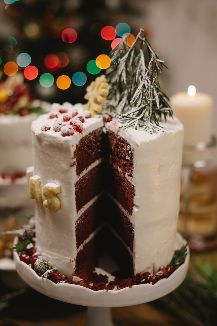 Delicious Christmas Cake With Rosemary Decor On Top