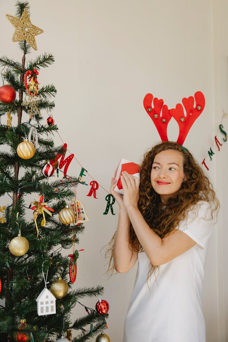 Smiling Woman With Gift Box On Christmas Day At Home