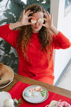 Woman covering eyes with holiday cookies, celebrating Christmas indoors.