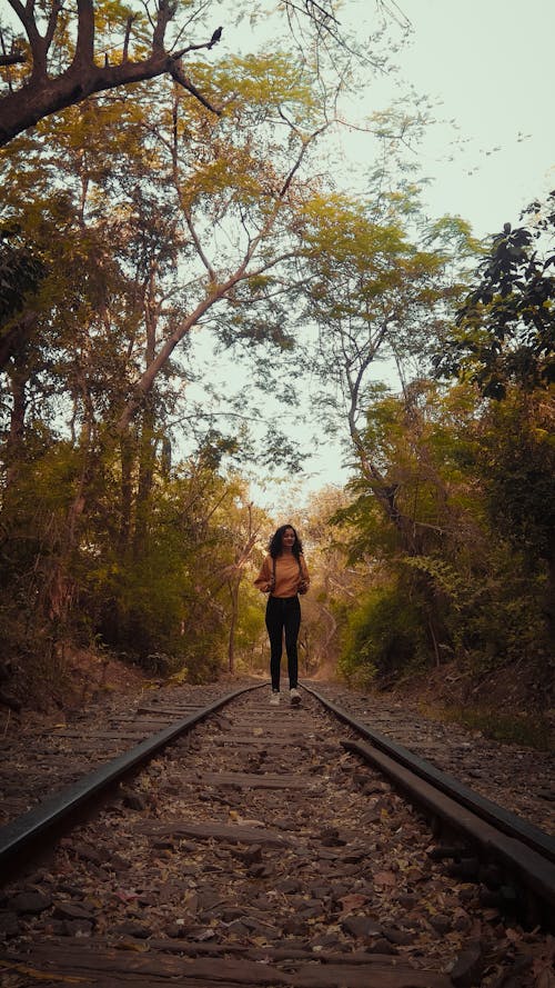 Free Distant female strolling on railway tracks in woods between tall green trees with lush foliage in rural area of countryside Stock Photo