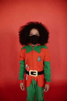 Child in Christmas elf costume wearing a black face mask against a red background.