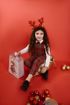 Smiling child wearing reindeer antlers and plaid outfit with a gift bag on a red background.